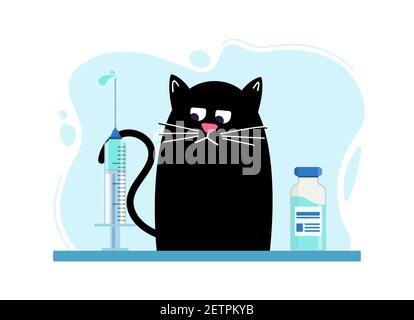 Sad cat looks at syringe with an injection. Concept of vaccination of domestic animals. Veterinary medicine treatment. Vector blue flat illustration o Stock Vector