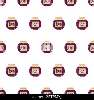 Cartoon seamless pattern for fabric design with jar of purple berry jam. Colorful background. Stock Vector