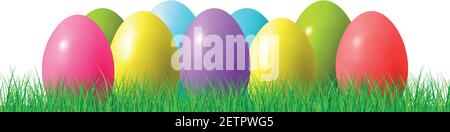 Abstract illustration of many multi-colored eggs with different shades on green grass - illustration on white background Stock Vector