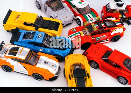 Tambov, Russian Federation - February 14, 2021 Lego Speed Champions. A lot of Lego race cars on a white background. Stock Photo