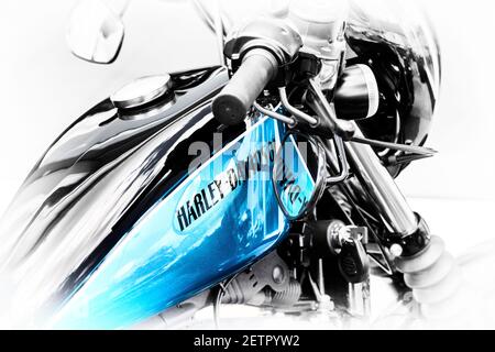 Harley Davidson Sportster Motorcycle Abstract. Blue Toned Black and White Stock Photo