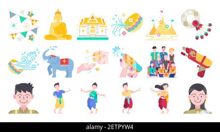 Songkran thailand festival flat design icon set. Thai water splashing festive day, thai dancing traditional and cultural. Colorful vector and illustra Stock Vector