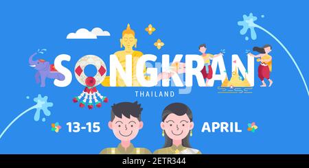 Songkran Thailand water splashing festival celebration vector illustration. Flat design. Man and woman playing water splash in buddhism new year tradi Stock Vector