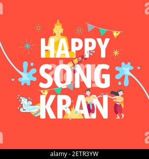 Songkran Thailand water splashing festival celebration vector illustration. Flat design. Man and woman playing water splash in buddhism new year tradi Stock Vector