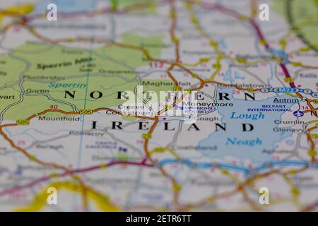Road map of Northern Ireland, with a map pin indicating Belfast, in ...