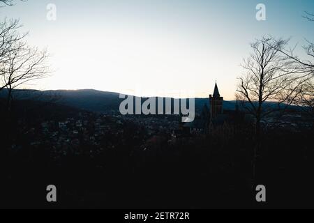 Wide Shot at Night Dusk of the Wernigerode Castle in Germany Stock Photo