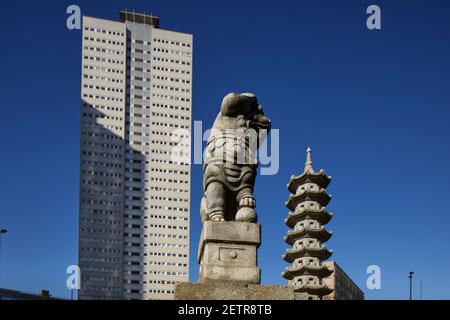 Birmingham city centre landmark  flat s and in front a Chinese Pagoda Stock Photo