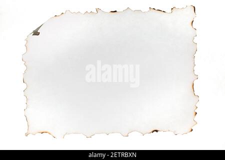 Burnt sheet of paper. Burnt edges paper, isolated on white background Stock Photo