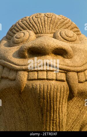 Korea, Seoul, Yeouido, Statue of stone lion, National Assembly building Stock Photo