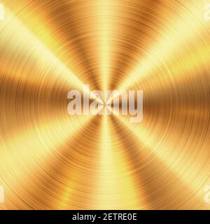 Shiny brushed metallic gold circular background texture. Bright polished metal bronze brass plate. Round shiny glossy gold texture Stock Photo