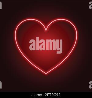 Bright neon light. Red neon heart vector illustration on dark brick wall. Glowing heart. Stock Vector