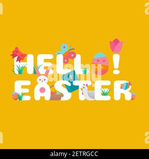 Easter typography design concept decorated with icon and elements. Flat design style vector illustration. Stock Vector
