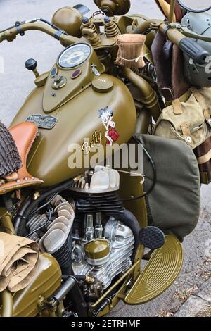 1942 Vintage Harley Davidson Military Model 42WLC Motorcycle at Bicester Heritage centre, Oxfordshire, England Stock Photo