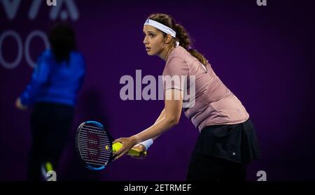 Sania Mirza of India playing doubles at the 2021 Qatar Total Open, WTA 500 tennis tournament on March 1, 2021 at the Khalifa International Tennis and Squash Complex in Doha, Qatar - Photo Rob Prange / Spain DPPI / DPPI / LiveMedia Stock Photo