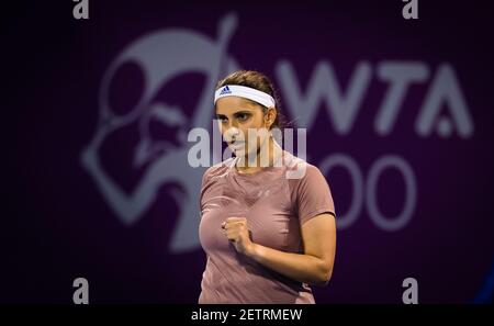 Sania Mirza of India playing doubles at the 2021 Qatar Total Open, WTA 500 tennis tournament on March 1, 2021 at the Khalifa International Tennis and Squash Complex in Doha, Qatar - Photo Rob Prange / Spain DPPI / DPPI / LiveMedia Stock Photo