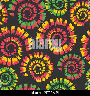 Seamless vector pattern with colourful spiral shell on grey background. Artistic tie dye wallpaper with paint swirl. Decorative fashion textile. Stock Vector