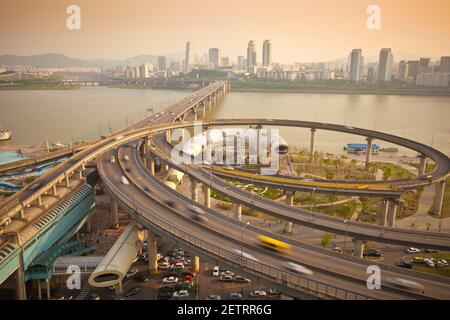 Korea, Seoul, Tukseom, Traffic on Cheongdam On-Ramp and Cheongdam bridge Stock Photo