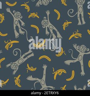 Seamless vector pattern with monkeys and bananas on blue background. Fun animal wallpaper design for children. Stock Vector