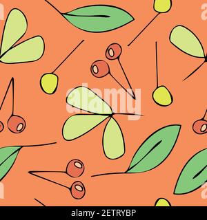 Seamless vector pattern with cherries and leaves on light pink background. Simple summer wallpaper design with pastel colours. Stock Vector