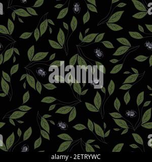 Seamless vector pattern with leaves and beetles. Bugs on black background. Design with insects and leaf. Stock Vector
