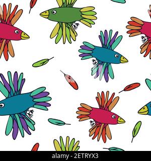 Seamless vector pattern with colourful birds. Fun kids wallpaper design on white background. Flying parrot, feathers. Stock Vector