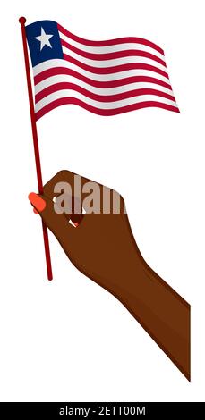 Female hand gently holds small flag of liberia. Holiday design element. Cartoon vector on white background Stock Vector