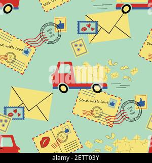 Seamless vector pattern with delivery truck and envelopes on blue background. Vintage post office wallpaper design. Business fashion textile. Stock Vector