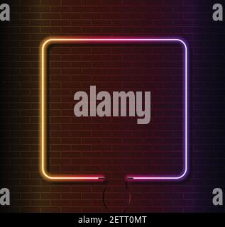 Neon colorful light on dark black brick wall vector illustration. Neon border or frame. Lights sign. Vector abstract neon background for signboard. Stock Vector