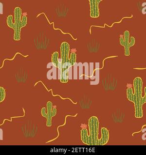 Seamless vector pattern with cactus plant on rusty brown background. Desert wallpaper design. Stock Vector