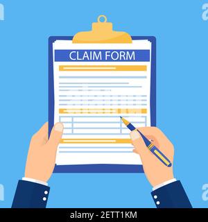 Hand hold clipboard with claim form on it, paper sheets, Pen in hand. Concept of fill out or online survey insurance application form. Vector illustra Stock Vector