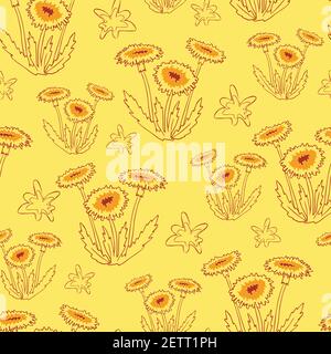 Seamless vector pattern with dandelions on yellow background. Simple floral line art wallpaper design. Wildflower fashion textile. Stock Vector