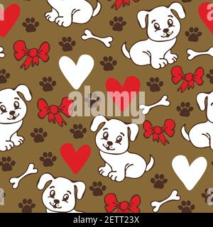 Seamless vector pattern with dogs and love harts on brown background. Animal wallpaper design with white puppies. Stock Vector