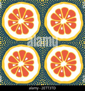 Vector pattern with lemon, citrus slice on blue background. Orange, mandarin with yellow dots pop art. Stock Vector