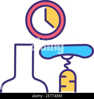 Wine bottle opening with corkscrew RGB color icon Stock Vector
