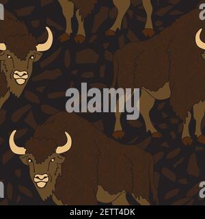 Seamless vector pattern with buffaloes on dark brown background. Textured fur on bison dark animal wallpaper design. Stock Vector