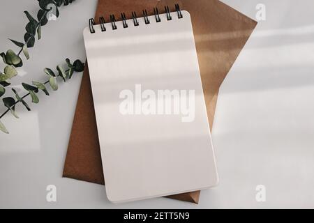 Black notebook on a table with eucalyptus branches Stock Photo
