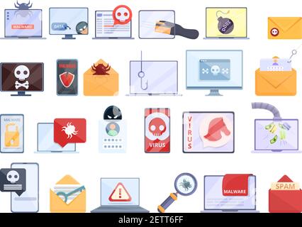 Malware icons set. Cartoon set of malware vector icons for web design Stock Vector