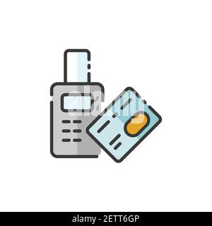 Pay with credit card reader machine. Swiping terminal payment. Contactless. Filled color icon. Isolated commerce vector illustration Stock Vector