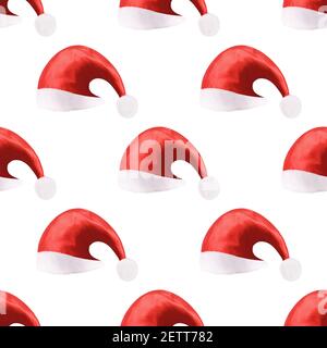 seamless pattern of red Christmas hats isolated on a white background. High quality photo Stock Photo