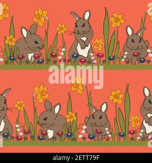 Seamless vector pattern with cute bunnies and spring flowers on pink background. Kids wallpaper design with rabbit. Easter fashion textile. Stock Vector