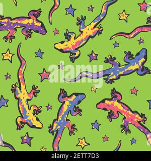 Seamless vector pattern with lizards and stars on green background. Cute animal wallpaper design for children. Fun gecko fashion textile. Stock Vector