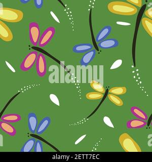 Seamless vector pattern with colourful dragonfly's on green background. Cute abstract animal wallpaper design. Hand drawn fashion textile. Stock Vector