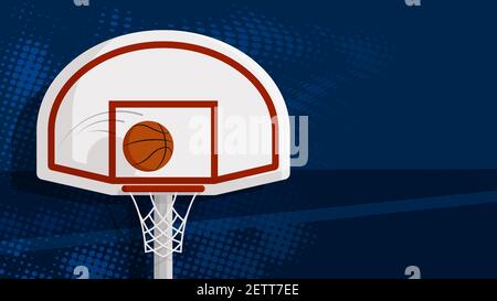 sports ball for game flies into hoop with net and basketball backboard. Background sports competitions in basketball on street and in gym. Vector Stock Vector