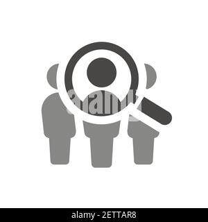 Magnifying glass with people search vector icon. Employee recruitment symbol with loupe. Stock Vector