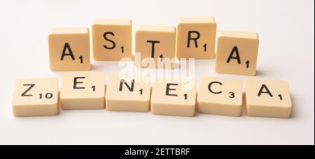 Coronavirus pandemic themed scrabble game word tiles on a white background Stock Photo