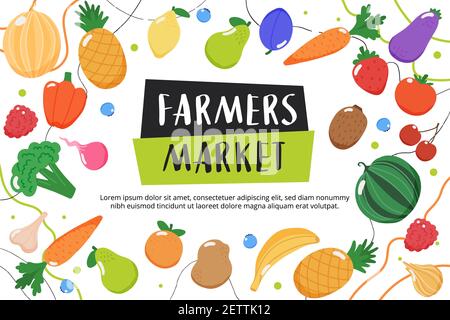 Farmers market background with fruits and vegetables and hand drawn lettering Stock Photo