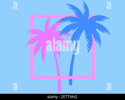 Two palm trees blue and pink color in a square frame. Retro style of the 80s. Design for advertising brochures, banners, posters, travel agencies. Vec Stock Vector