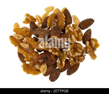 Portion of assorted nuts isolated on a white background top view. Stock Photo
