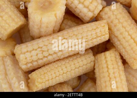 Very close view of organic canned baby corn cobs on a plate. Stock Photo