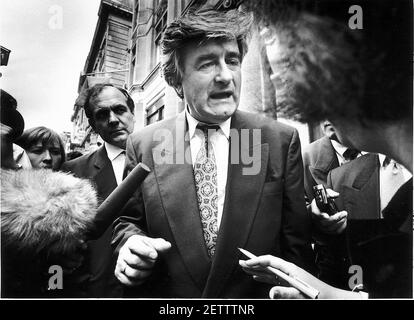 Radovan Karadzic Bosnian Serb Leader surrounded by journalists and talking to themDBase Stock Photo